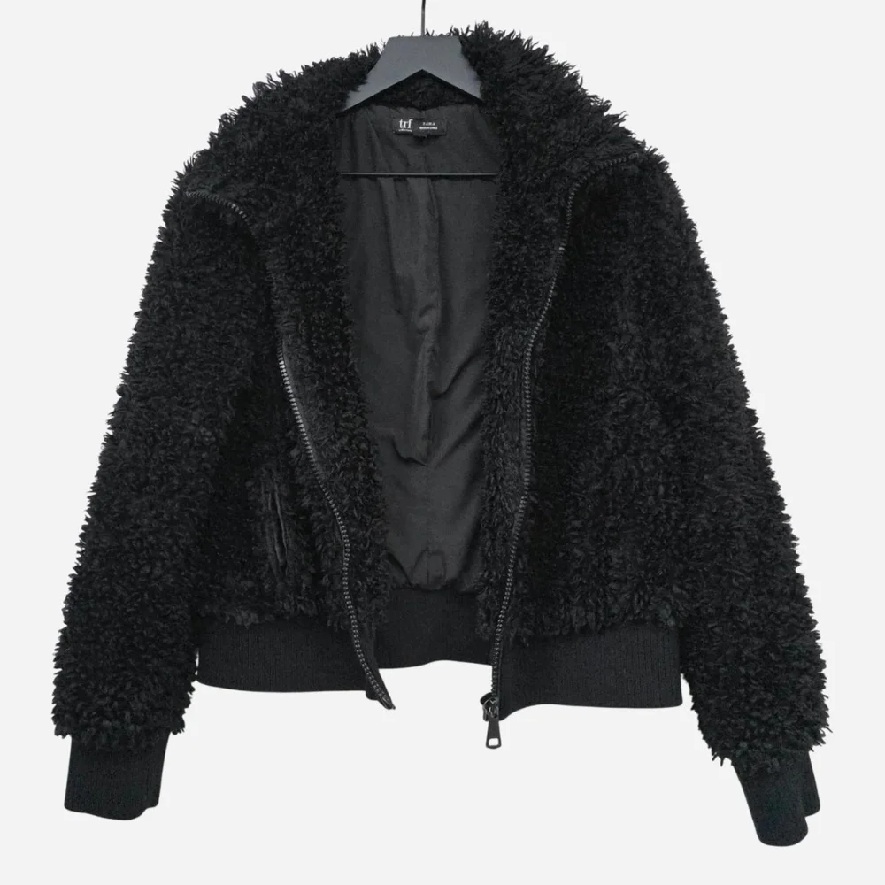 Zara Black Boucle Fleece Teddy Sherpa Faux Fur Cropped Bomber Jacket, M